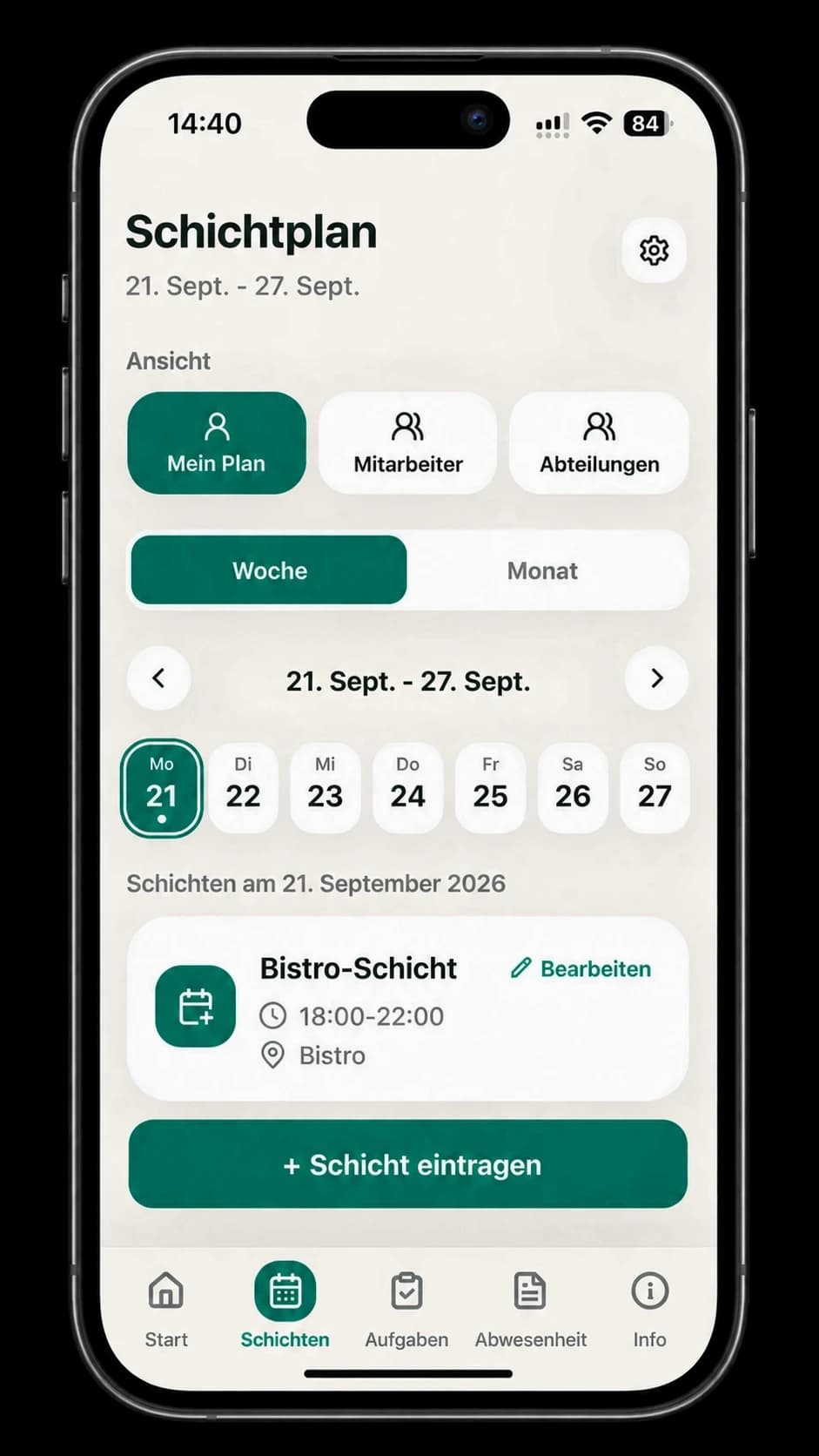 Wochenansicht der Schichtplanung in der BetriebPlus-App